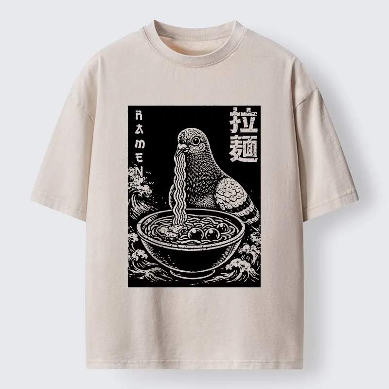 Tokyo-Tiger Pigeon Eating Ramen Art Washed T-Shirt