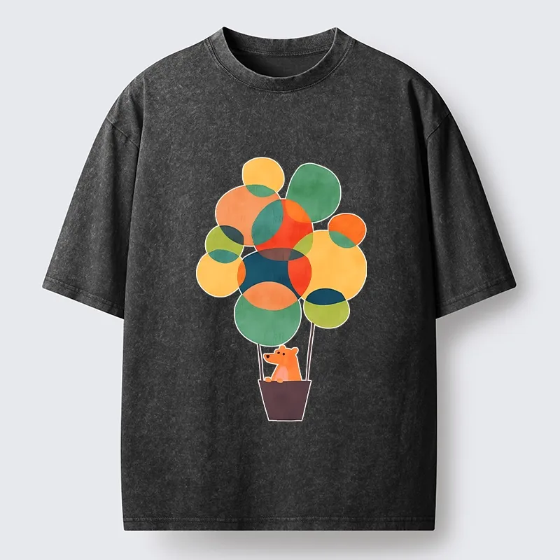 Tokyo-Tiger Bear Rides Colorful Balloon Basket Washed T-Shirt