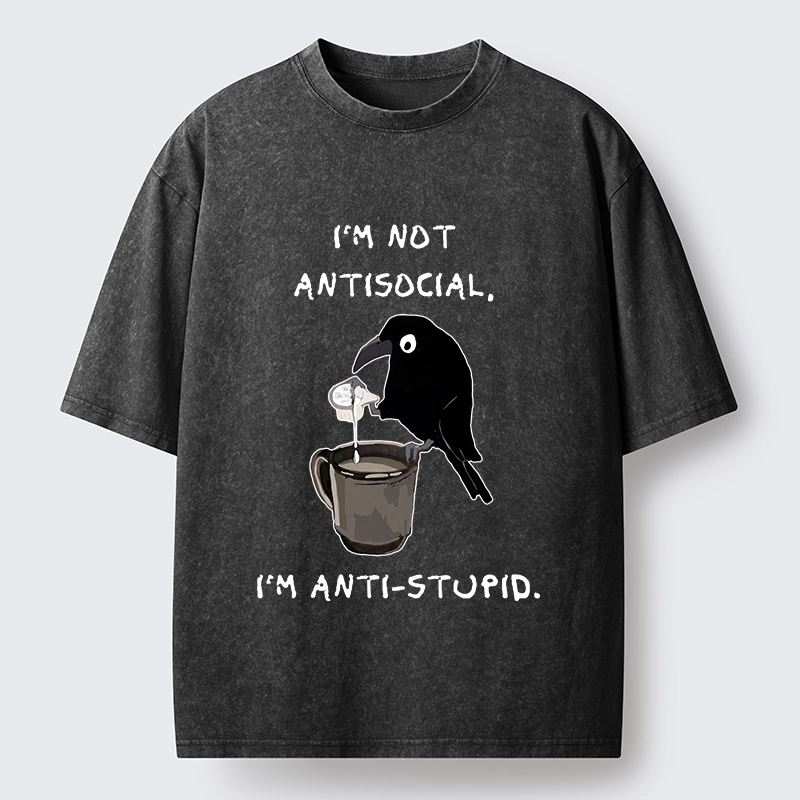 Tokyo-Tiger Cool Crow Sips Calm Coffee Alone Washed T-Shirt