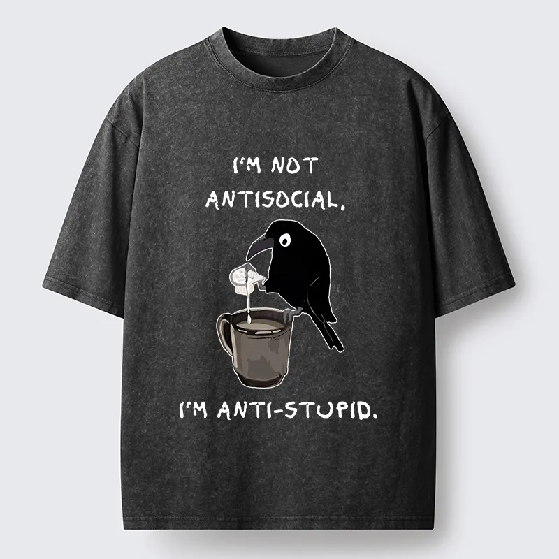 Tokyo-Tiger Cool Crow Sips Calm Coffee Alone Washed T-Shirt