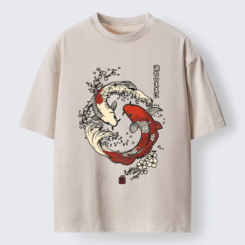 Tokyo-Tiger Elegant Koi Fish And Sakura Washed T-Shirt