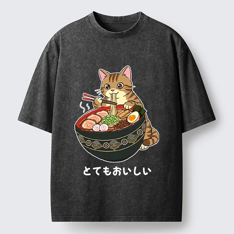 Tokyo-Tiger Cat Eat Delicious Hot Ramen Washed T-Shirt