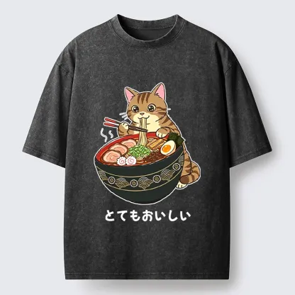 Tokyo-Tiger Cat Eat Delicious Hot Ramen Washed T-Shirt