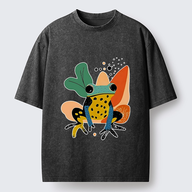 Tokyo-Tiger Vibrant Shapes Colorful Jungle Frog Tee Washed T-Shirt