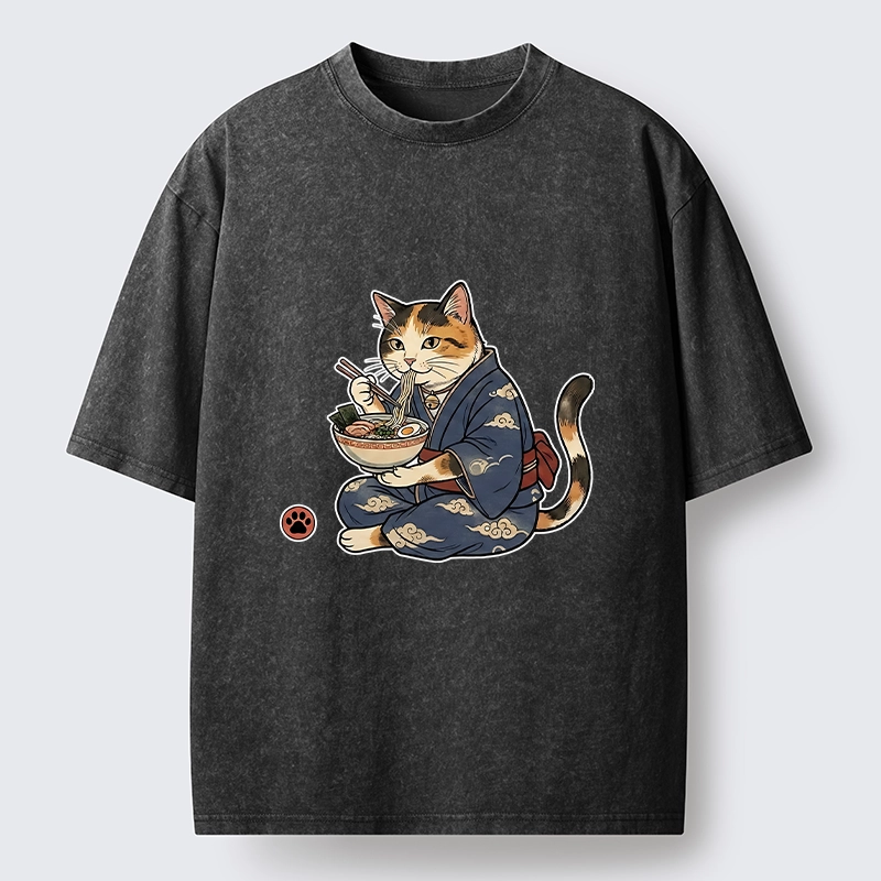 Tokyo-Tiger Traditional Japanese Cat Noodle Lover Washed T-Shirt