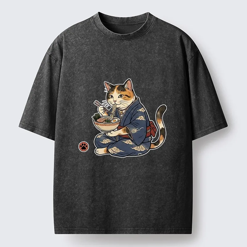 Tokyo-Tiger Traditional Japanese Cat Noodle Lover Washed T-Shirt