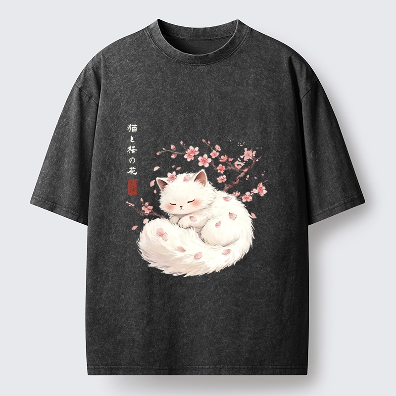 Tokyo-Tiger Soft Sakura White Cat Peaceful Sleep Washed T-Shirt
