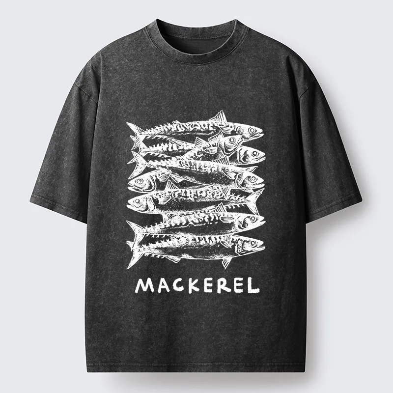 Tokyo-Tiger Retro Block Print Blue Mackerel School Washed T-Shirt Sale