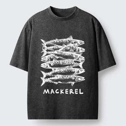 Tokyo-Tiger Retro Block Print Blue Mackerel School Washed T-Shirt