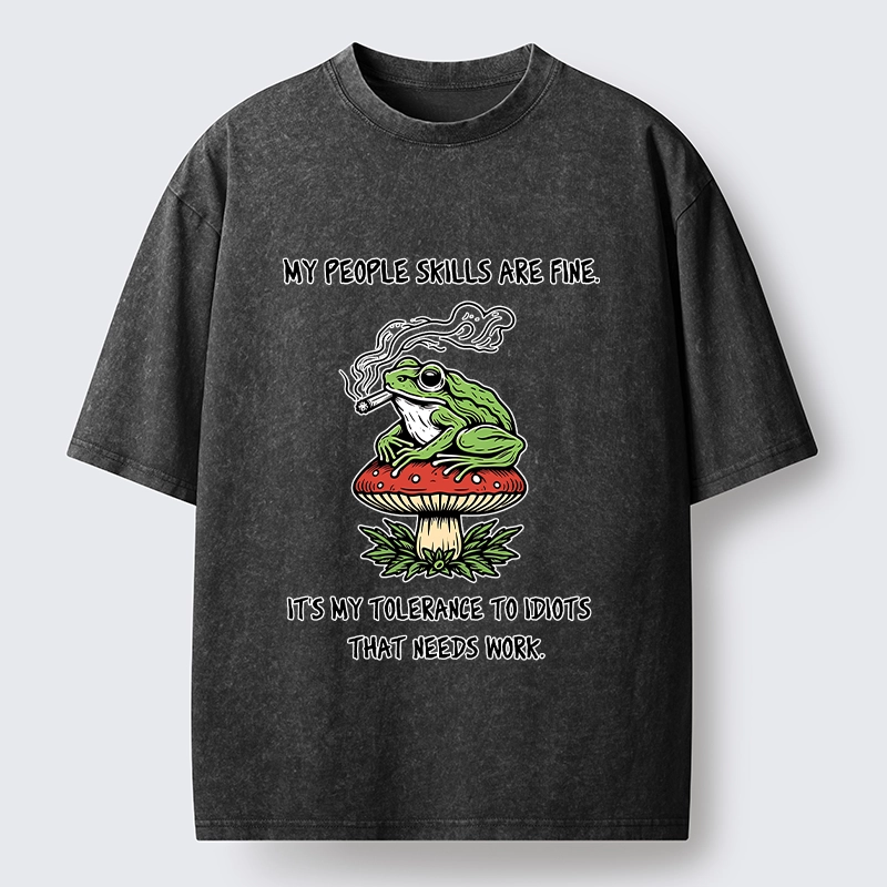 Tokyo-Tiger Relax Frog On Red Spotted Mushroom Washed T-Shirt