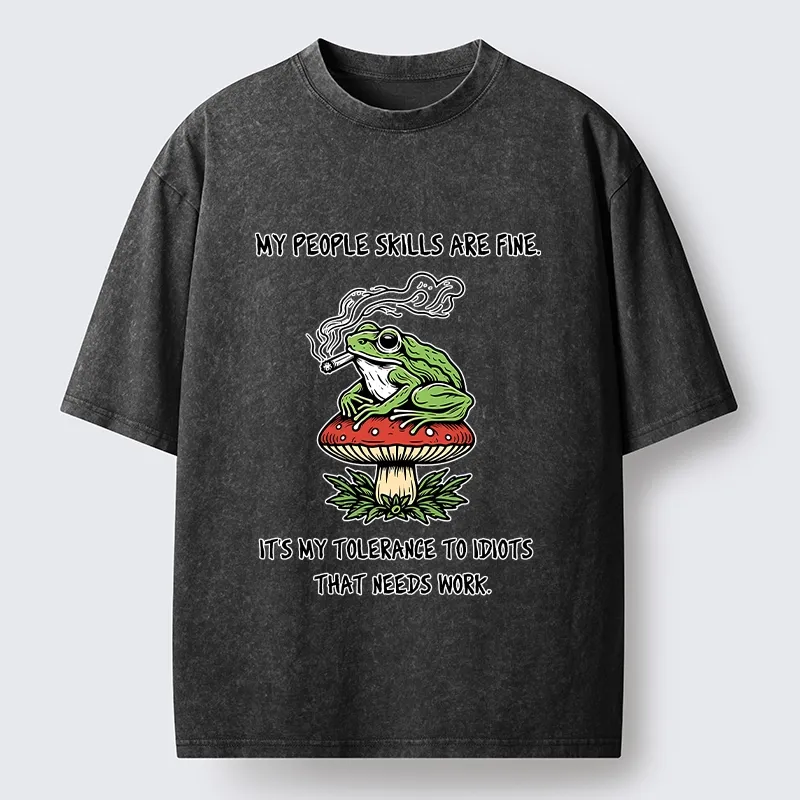 Tokyo-Tiger Relax Frog On Red Spotted Mushroom Washed T-Shirt