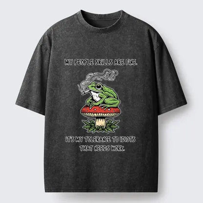 Tokyo-Tiger Relax Frog On Red Spotted Mushroom Washed T-Shirt
