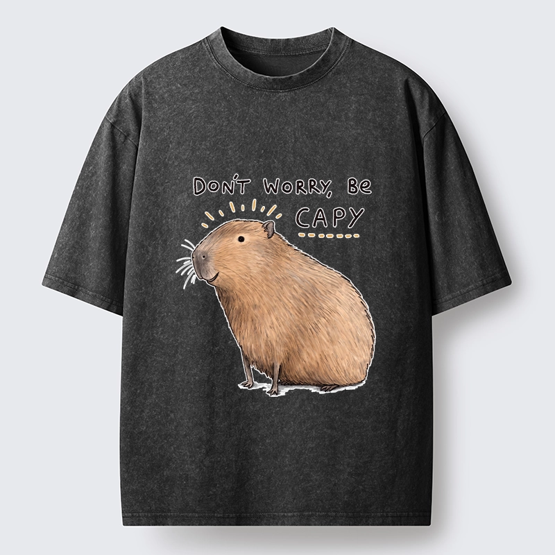 Tokyo-Tiger Calm Happy Capybara Relax Life Print Washed T-Shirt