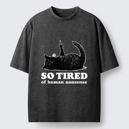 Tokyo-Tiger Funny Meme Tired Black Cat Vibe Washed T-Shirt
