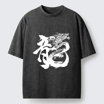 Tokyo-Tiger Ink Dragon Kanji Traditional Art Washed T-Shirt