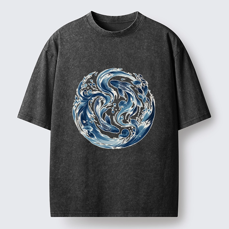 Tokyo-Tiger Monochrome Blue Yin Yang Fish Tee Washed T-Shirt