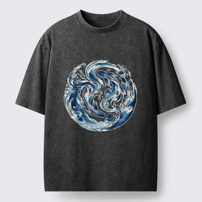 Tokyo-Tiger Monochrome Blue Yin Yang Fish Tee Washed T-Shirt