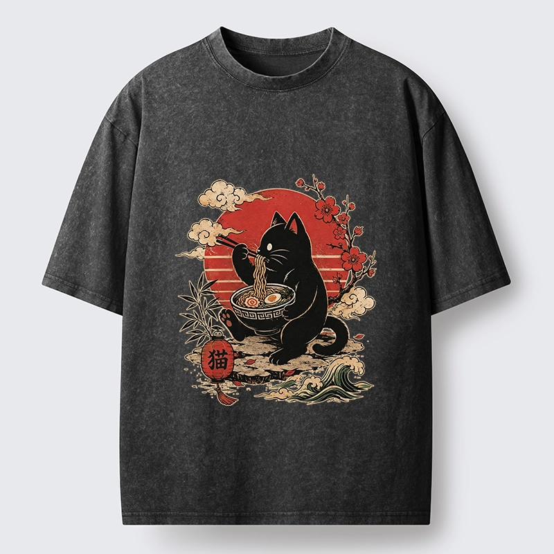 Tokyo-Tiger Black Cat Eating Ramen Cherry Blossom Art Washed T-Shirt