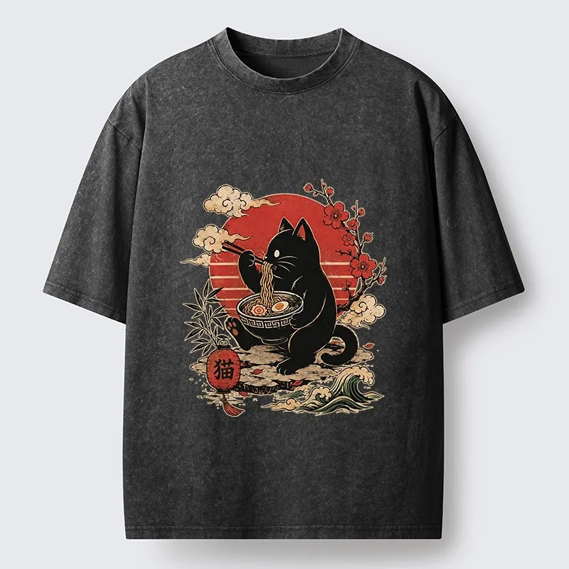 Tokyo-Tiger Black Cat Eating Ramen Cherry Blossom Art Washed T-Shirt