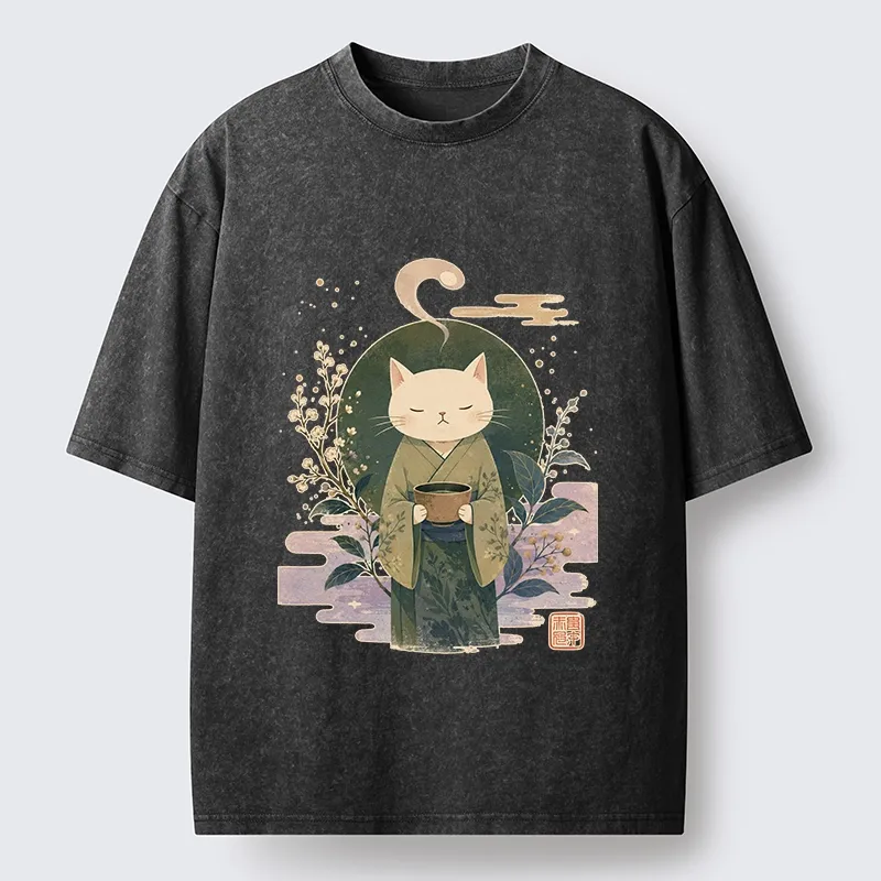 Tokyo-Tiger Soft Green Zen Cat Tea Blossom Stamp Art Washed T-Shirt