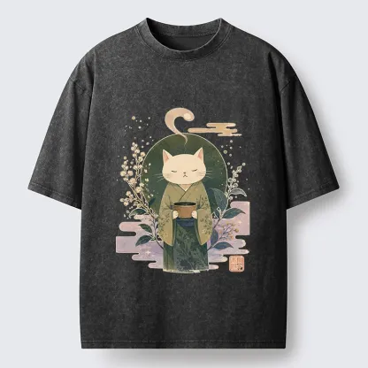 Tokyo-Tiger Soft Green Zen Cat Tea Blossom Stamp Art Washed T-Shirt