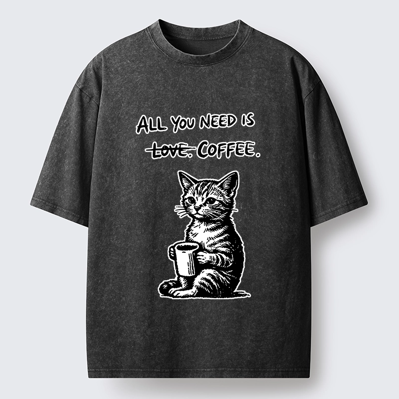 Tokyo-Tiger Cute Cat Coffee Daily Happy Vibe Washed T-Shirt