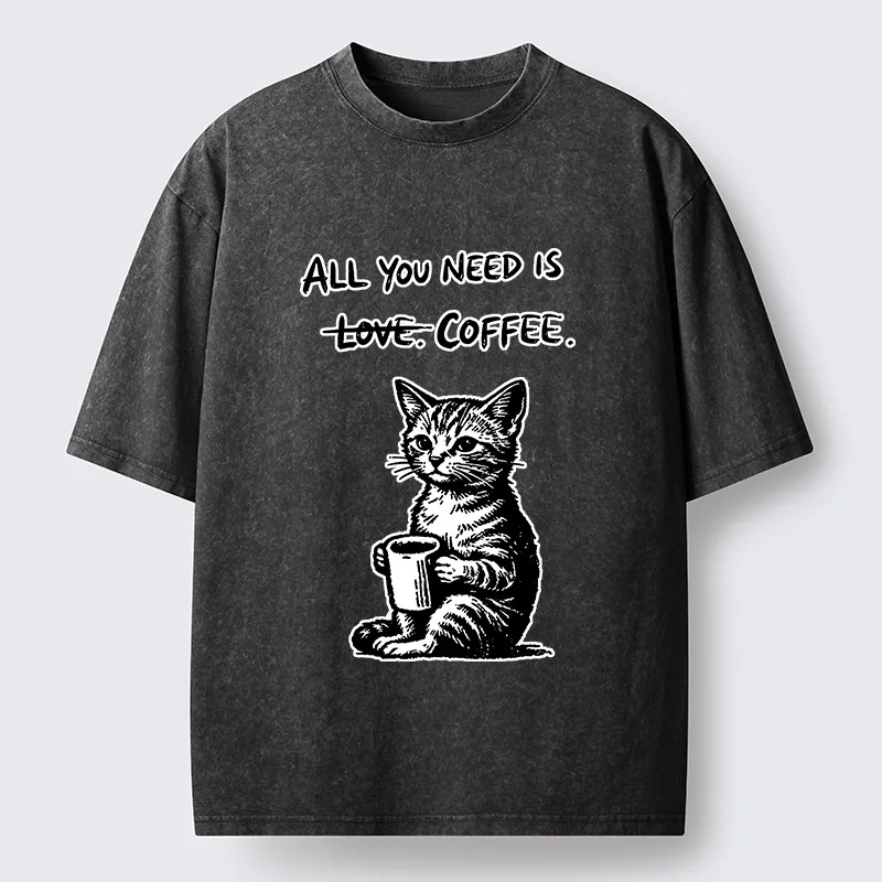 Tokyo-Tiger Cute Cat Coffee Daily Happy Vibe Washed T-Shirt
