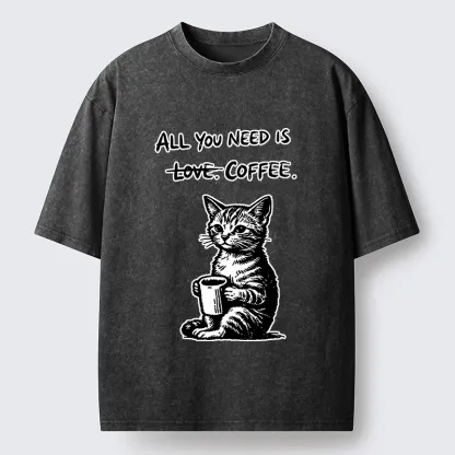 Tokyo-Tiger Cute Cat Coffee Daily Happy Vibe Washed T-Shirt