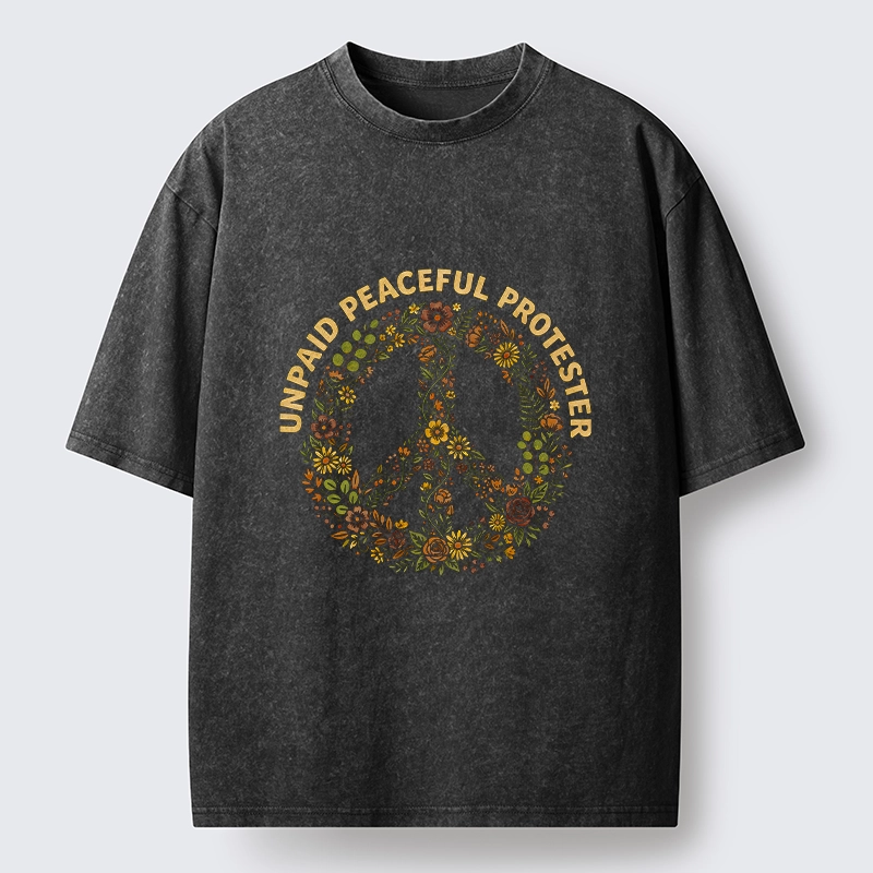 Tokyo-Tiger Vintage Floral Peace Symbol Print Washed T-Shirt