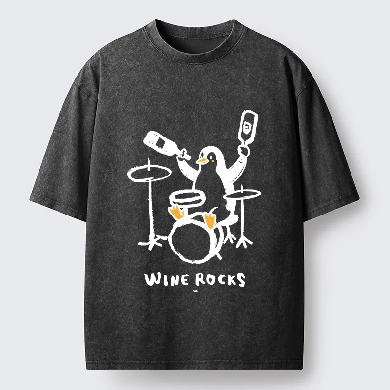 Tokyo-Tiger Cute Penguin Play Drum Drink Wine Print Washed T-Shirt