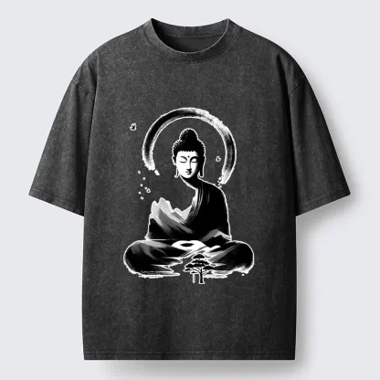 Tokyo-Tiger Serene Mountain Buddha Zen Art Washed T-Shirt
