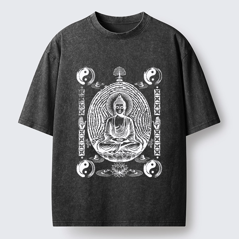Tokyo-Tiger Minimal Spiritual Buddha Ink Art Washed T-Shirt