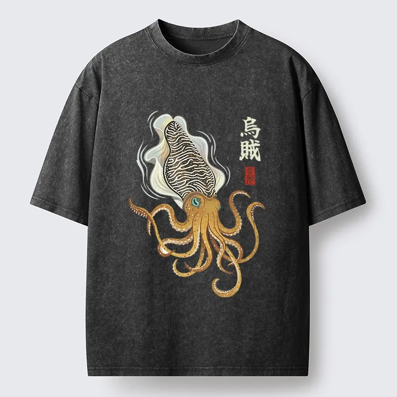 Tokyo-Tiger Ink Style Cuttlefish Japan Art Washed T-Shirt