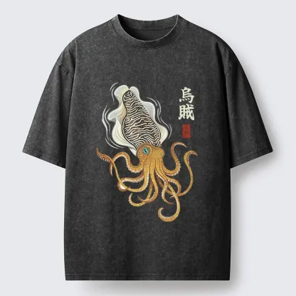 Tokyo-Tiger Ink Style Cuttlefish Japan Art Washed T-Shirt