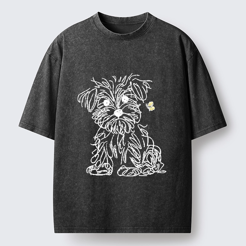 Tokyo-Tiger Simple Line Dog Tiny Butterfly Washed T-Shirt
