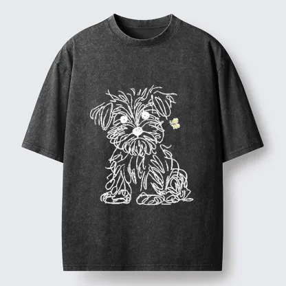 Tokyo-Tiger Simple Line Dog Tiny Butterfly Washed T-Shirt