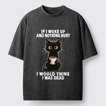 Tokyo-Tiger Funny Black Cat And Coffee Meme Washed T-Shirt