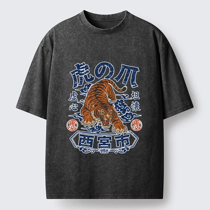 Tokyo-Tiger Brave Tiger Traditional Print Washed T-Shirt