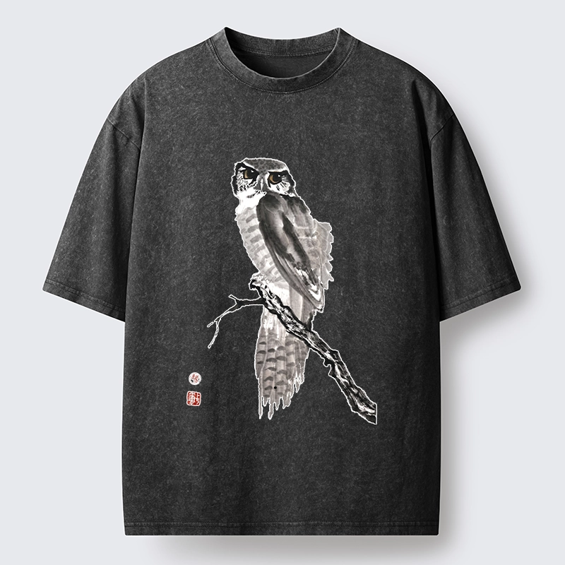Tokyo-Tiger Minimal Ink Owl Oriental Brush Art Washed T-Shirt