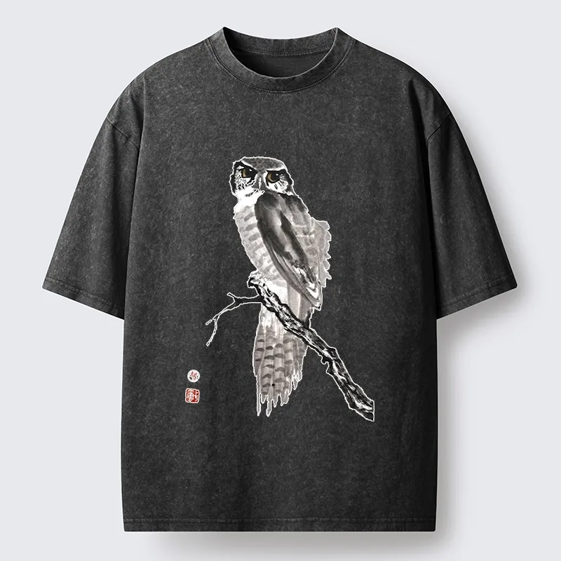 Tokyo-Tiger Minimal Ink Owl Oriental Brush Art Washed T-Shirt