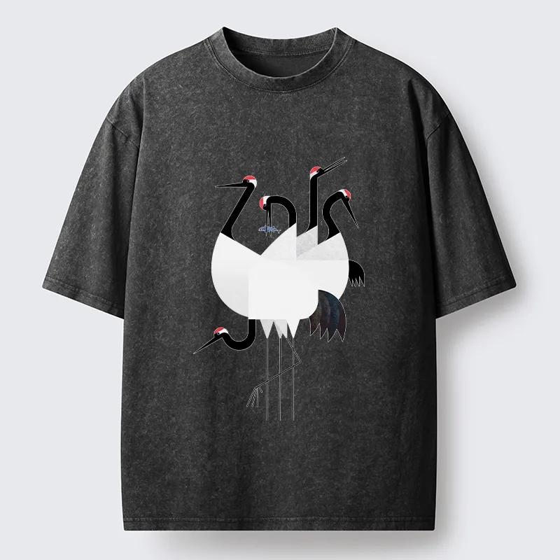 Tokyo-Tiger Minimal Shaped Cranes Simple Graphic Washed T-Shirt