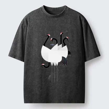 Tokyo-Tiger Minimal Shaped Cranes Simple Graphic Washed T-Shirt