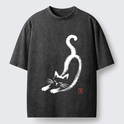 Tokyo-Tiger Soft Ink Stretch Cat Oriental Brush Art Washed T-Shirt