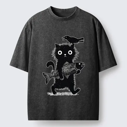 Tokyo-Tiger Wild Fluffy Cat Fish Crow Vintage Print Washed T-Shirt
