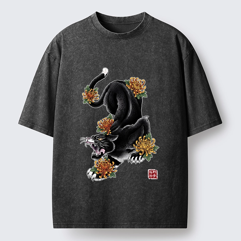 Tokyo-Tiger Wild Black Cat Panther Autumn Flower Graphic Washed T-Shirt