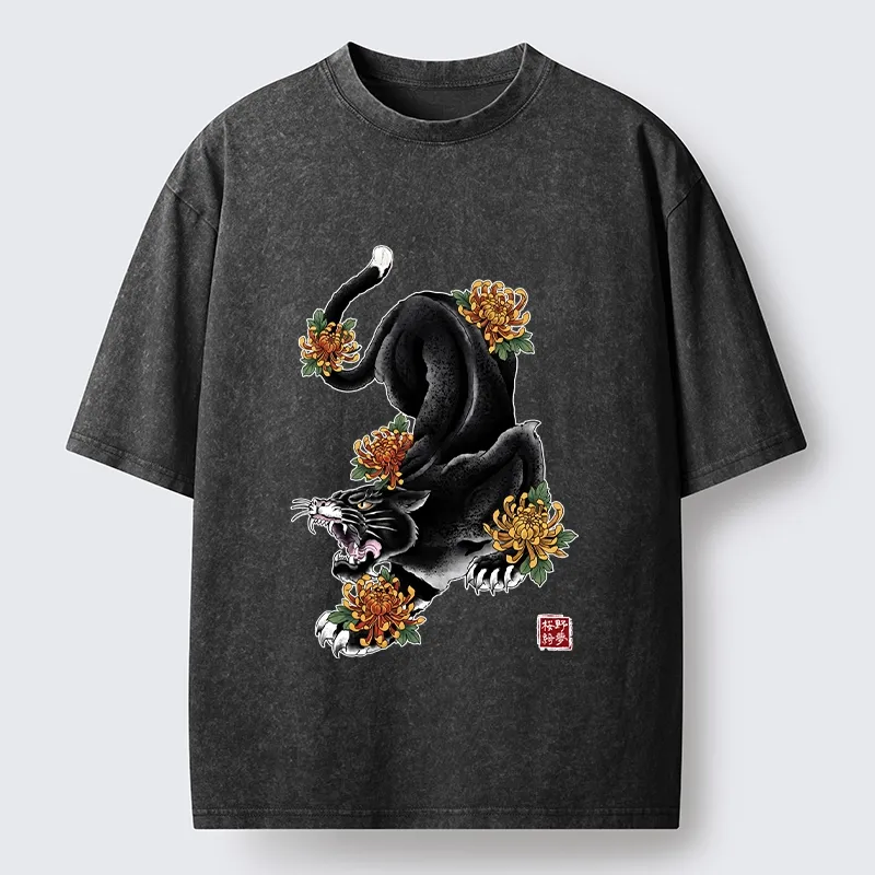 Tokyo-Tiger Wild Black Cat Panther Autumn Flower Graphic Washed T-Shirt