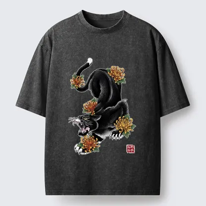 Tokyo-Tiger Wild Black Cat Panther Autumn Flower Graphic Washed T-Shirt