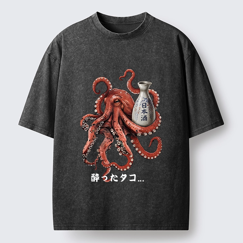 Tokyo-Tiger Japanese Drunken Octopus Sake Pot Art Washed T-Shirt