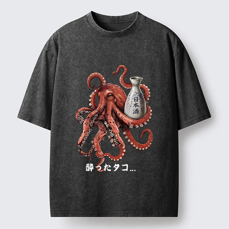 Tokyo-Tiger Japanese Drunken Octopus Sake Pot Art Washed T-Shirt