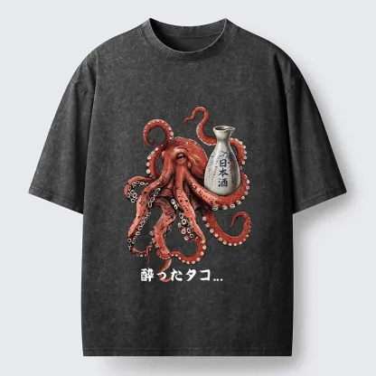 Tokyo-Tiger Japanese Drunken Octopus Sake Pot Art Washed T-Shirt